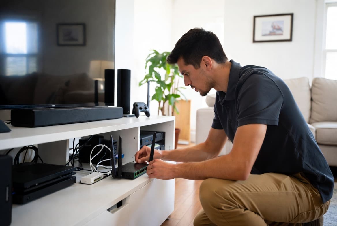 NoBull IT Solutions technician installing a home WiFi network and router in a Johnstown residence